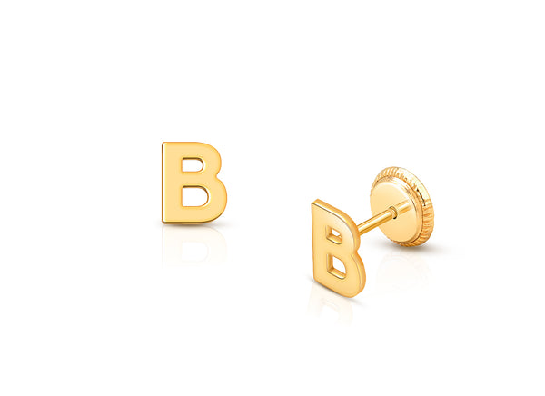 ‘B’ Initial Studs Personalized Baby/Children’s Earrings, Screw Back – 14K Gold