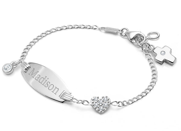 Pavé Heart, Christening/Baptism Baby/Children’s Engraved ID Bracelet for Girls – 14K White Gold