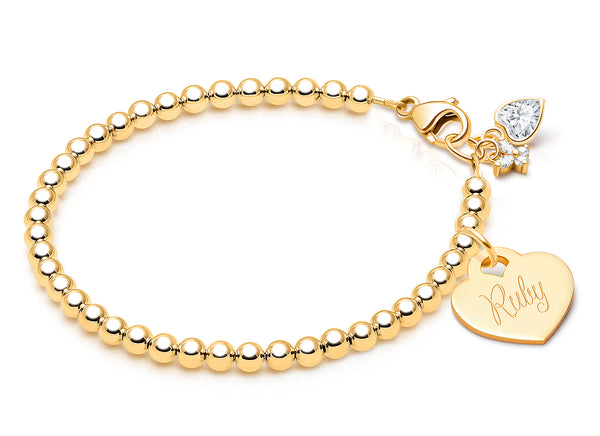3mm Tiny Blessings Beads, Baby/Children’s Beaded Bracelet for Girls (INCLUDES Engraved Charm) – 14K Gold