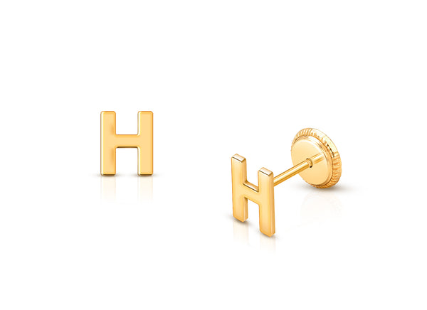‘H’ Initial Studs Personalized Baby/Children’s Earrings, Screw Back – 14K Gold