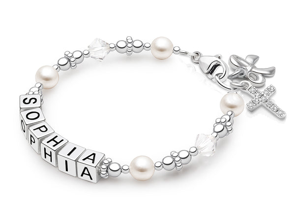 Diamond Cross, First Holy Communion Name Bracelet for Girls – Sterling Silver