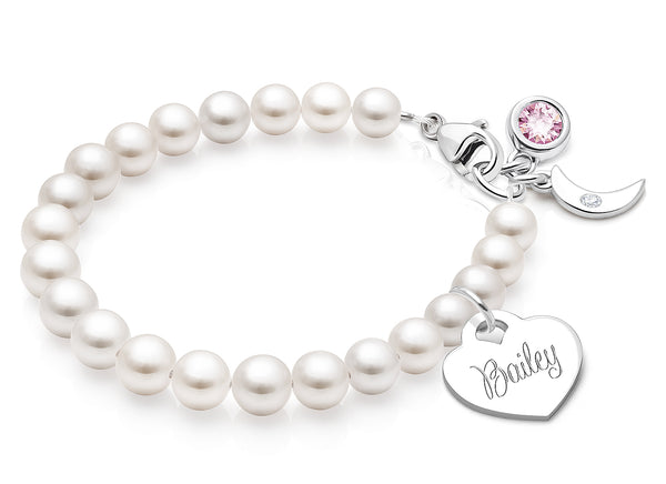 5mm Cultured Pearls, Teen’s Beaded Bracelet for Girls (INCLUDES Engraved Charm) – Sterling Silver