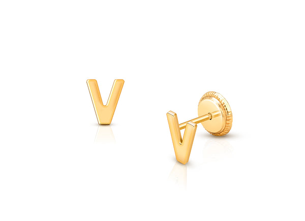‘V’ Initial Studs Personalized Baby/Children’s Earrings, Screw Back – 14K Gold