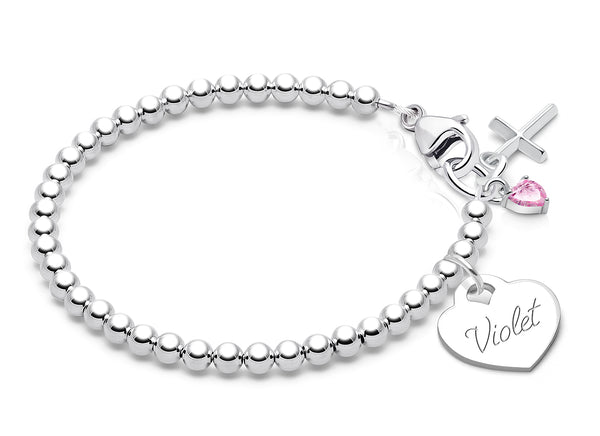 3mm Tiny Blessings Beads, Christening/Baptism Baby/Children’s Beaded Bracelet for Girls (INCLUDES Engraved Charm) – Sterling Silver