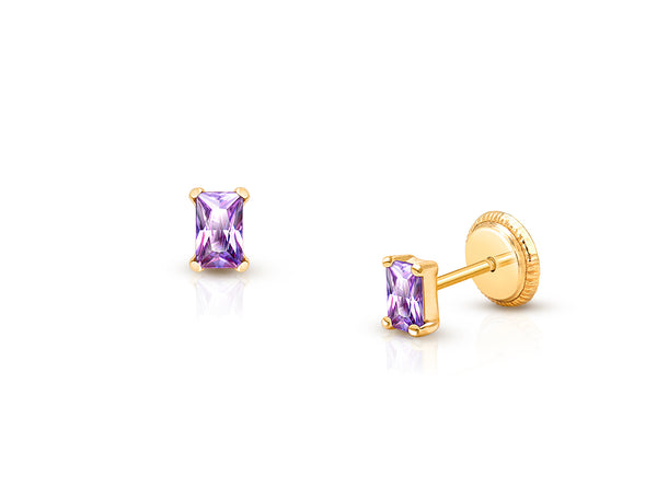 Radiant Cut Studs, 4mm Royal Purple CZ Baby/Children’s Earrings, Screw Back – 14K Gold