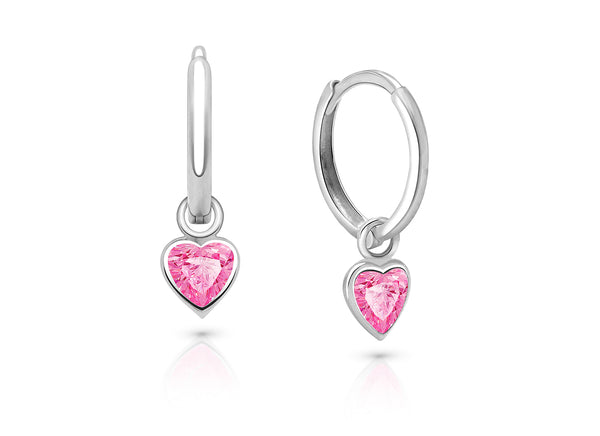 11mm Classic Huggie Hoops with Pink Heart Dangle, Baby/Children’s Earrings – Sterling Silver