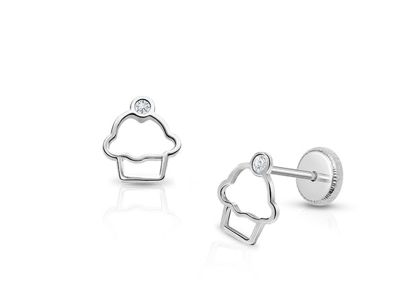 Cupcake Cutie, Clear CZ Baby/Children’s Earrings, Screw Back – 14K White Gold