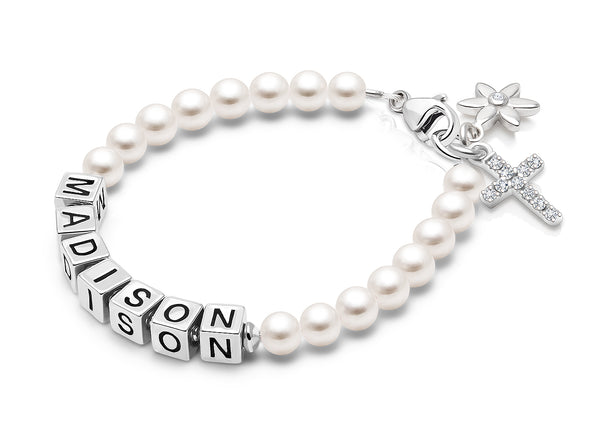 4mm Cultured Pearls, Christening/Baptism Baby/Children’s Name Bracelet for Girls – Sterling Silver