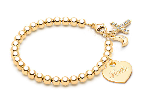 4mm Tiny Blessings Beads, Christening/Baptism Baby/Children’s Beaded Bracelet (INCLUDES Engravable Charm) – 14K Gold