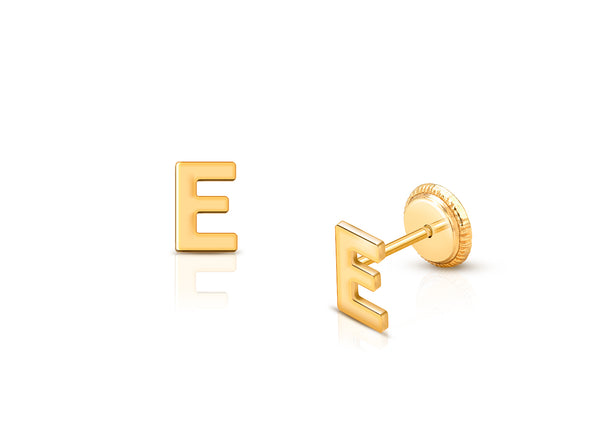 ‘E’ Initial Studs Personalized Baby/Children’s Earrings, Screw Back – 14K Gold