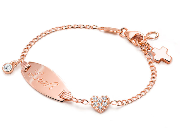 Pavé Heart, Baby/Children’s Engraved ID Bracelet for Girls – 14K Rose Gold
