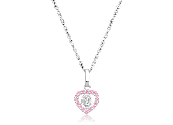 Virgin Mary, Pink CZ Heart Communion Children’s Necklace for Girls – 14K White Gold