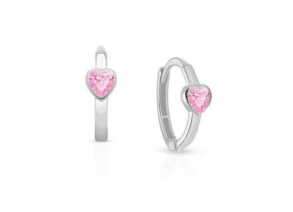 True Love, Pink CZ Heart Baby/Children’s Huggie Hoop Earrings – 14K White Gold