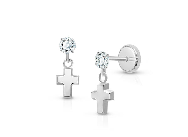 Simple Cross Dangle, Clear CZ Baby/Children’s Earrings, Screw Back – 14K White Gold