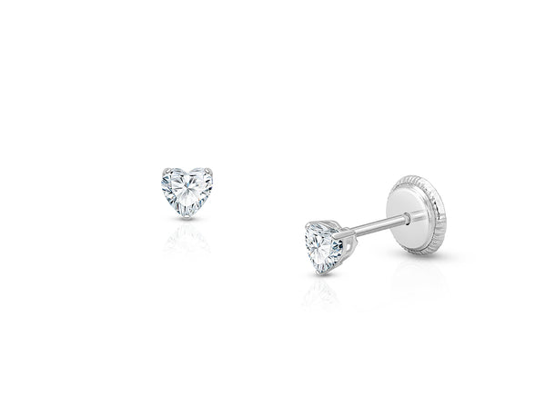 Teeny Tiny Heart Studs, 3mm Clear CZ Christening/Baptism Baby/Children’s Earrings, Screw Back – 14K White Gold