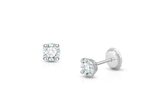 4mm CZ Round Studs, Christening/Baptism Baby/Children’s Earrings, Screw Back – 14K White Gold