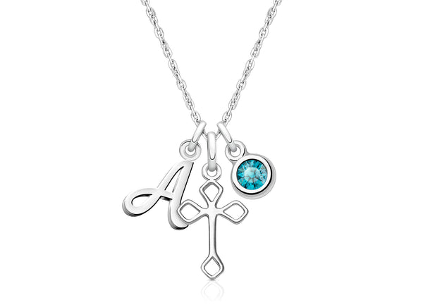 Diamond Point Cross, Children’s Personalized Necklace Set for Girls (Includes Cross, Initial, and Birthstone Charms) – Sterling Silver