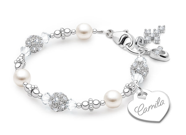 Birthstone, First Holy Communion Beaded Bracelet for Girls (INCLUDES Engraved Charm, All 12 Birthstones Available) – Sterling Silver
