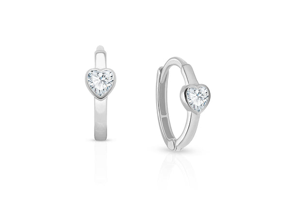 True Love, Clear CZ Heart Baby/Children’s Huggie Hoop Earrings – 14K White Gold