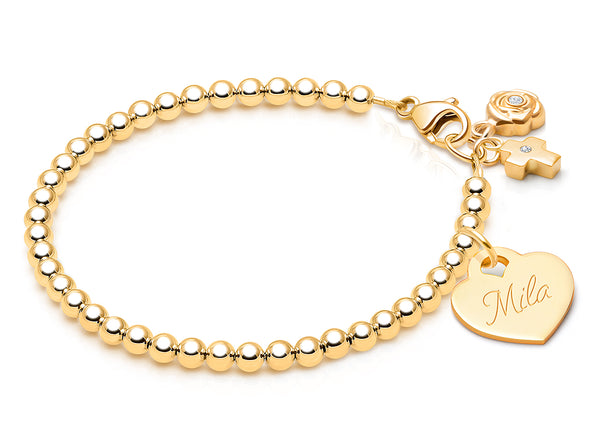3mm Tiny Blessings Beads, Christening/Baptism Baby/Children’s Beaded Bracelet for Girls (INCLUDES Engravable Charm) – 14K Gold