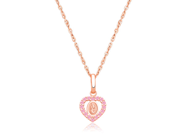 Virgin Mary, Pink CZ Heart Children’s Necklace for Girls – 14K Rose Gold