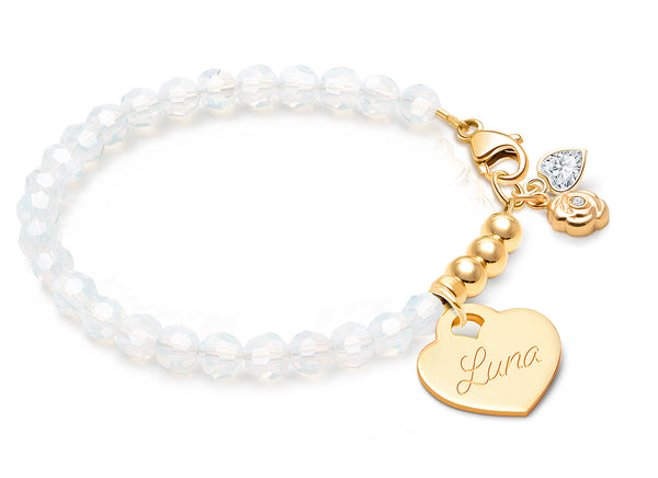 tB® Signature Crystal™ White Opal, Teen’s Beaded Bracelet for Girls (INCLUDES Engraved Charm) – 14K Gold