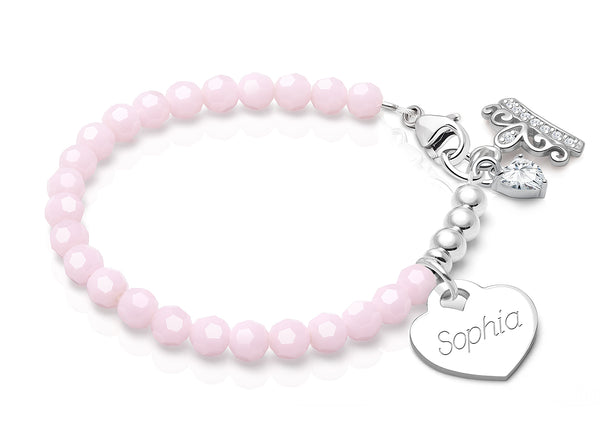 tB® Signature Crystal™ Sweet Pink, Teen’s Beaded Bracelet for Girls (INCLUDES Engraved Charm) – Sterling Silver