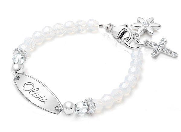 tB® Signature Crystal™ White Opal Christening/Baptism Baby/Children’s Engraved Bracelet for Girls – Sterling Silver
