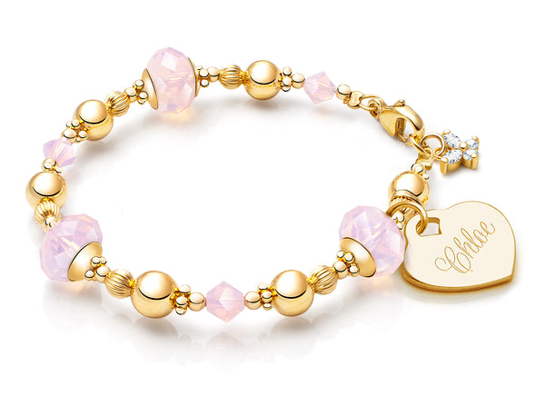 Gia™ Sweet Rose, Pink Opal Baby/Children’s Beaded Bracelet for Girls (INCLUDES Engraved Charm) – 14K Gold