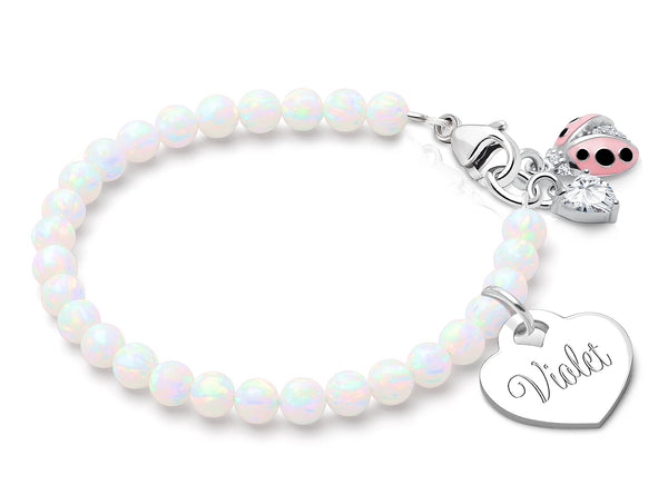 4mm Opals, Lab Created White Opal Teen’s Beaded Bracelet for Girls (INCLUDES Engraved Charm) – Sterling Silver