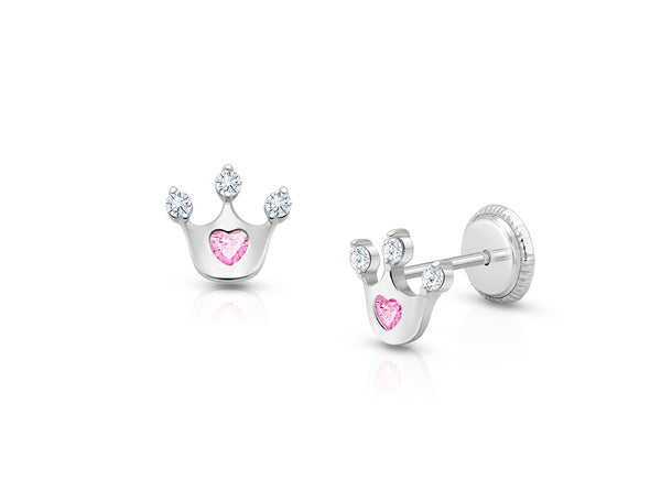 Princess at Heart, Pink/Clear CZ Teen’s Earrings, Screw Back – 14K White Gold