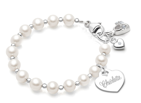 Timeless Pearls, Baby/Children’s Beaded Bracelet for Girls (INCLUDES Engraved Charm) – Sterling Silver