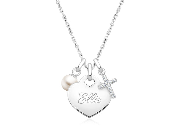 14K White Gold Baby Heart, Communion Children’s Necklace for Girls (Includes Religious Charm & FREE Engraving) – 14K White Gold