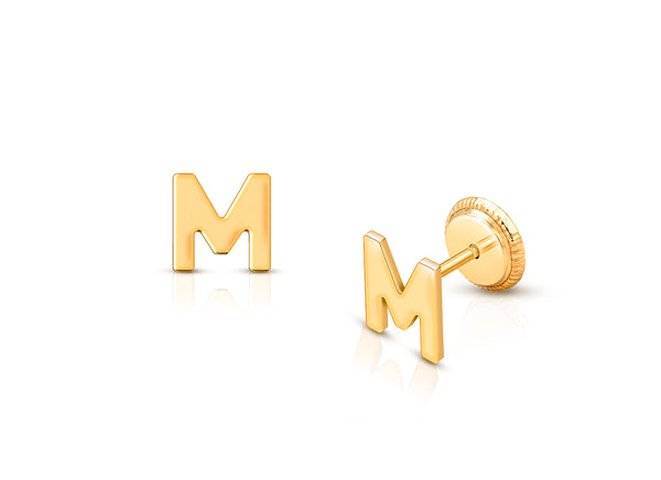 ‘M’ Initial Studs Personalized Baby/Children’s Earrings, Screw Back – 14K Gold