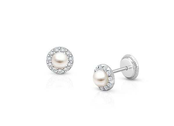 Pearl Halo, Clear CZ Christening/Baptism Baby/Children’s Earrings, Screw Back – 14K White Gold