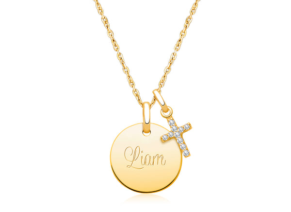 14K Gold Baby Round, First Holy Communion Engraved Children’s Necklace for Boys (FREE Personalization) – 14K Gold