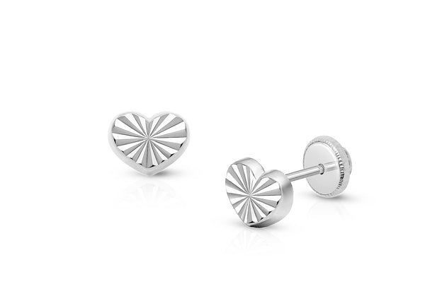 Diamond Cut Heart, First Holy Communion Children’s Earrings, Screw Back – 14K White Gold