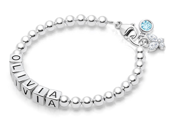 4mm Tiny Blessings Beads, Baby/Children’s Name Bracelet for Girls – Sterling Silver