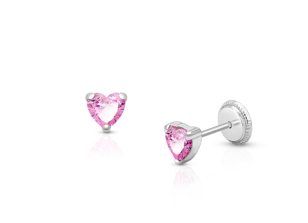 Heart Studs, 4mm Pink CZ Christening/Baptism Baby/Children’s Earrings, Screw Back – 14K White Gold