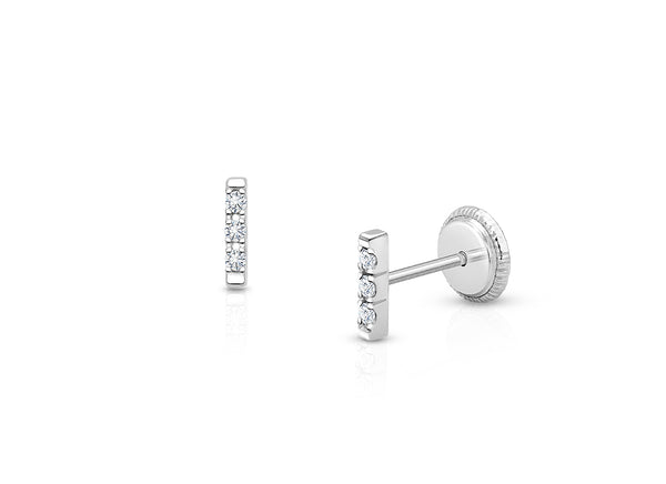Pavé Bar, Clear CZ Teen’s Earrings, Screw Back – 14K White Gold