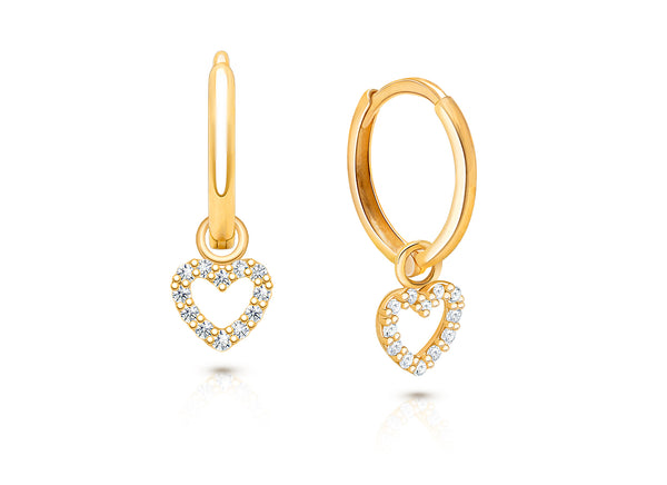 11mm Classic Huggie Hoops with Pavé Heart Dangle, Baby/Children’s Earrings – 14K Gold
