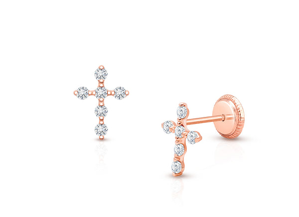 Light of Heaven, Christening/Baptism Baby/Children’s Cross Earrings, Screw Back, Clear CZ – 14K Rose Gold