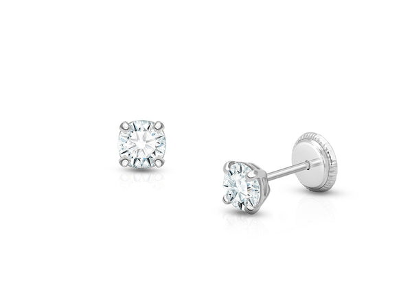 4mm CZ Round Studs, Teen’s Earrings, Screw Back – 14K White Gold