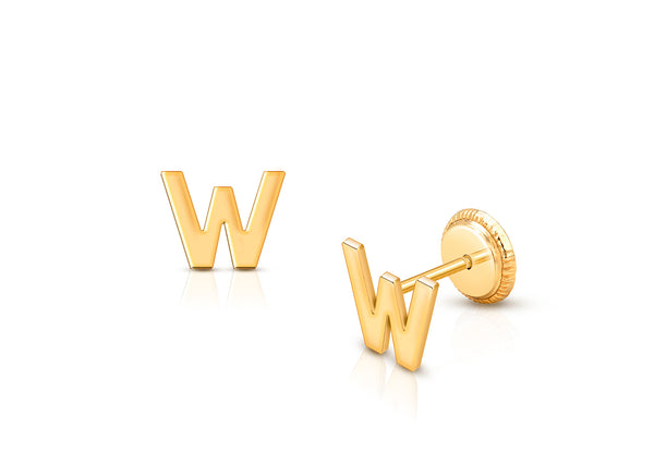 ‘W’ Initial Studs Personalized Baby/Children’s Earrings, Screw Back – 14K Gold