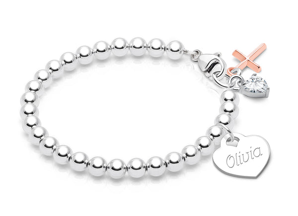 4mm Tiny Blessings Beads, First Holy Communion Beaded Bracelet for Girls (INCLUDES Engraved Charm) – Sterling Silver