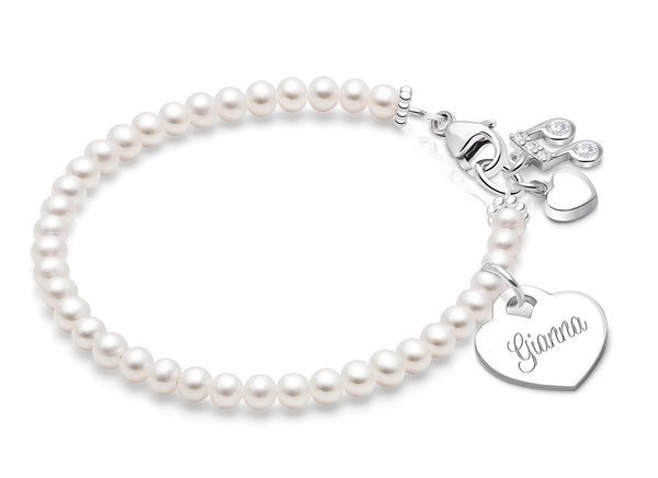 3mm Cultured Pearls, Baby/Children’s Beaded Bracelet for Girls (INCLUDES Engraved Charm) – Sterling Silver