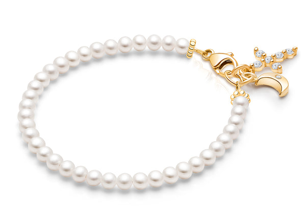 3mm Cultured Pearls, Christening/Baptism Baby/Children’s Beaded Bracelet for Girls – 14K Gold