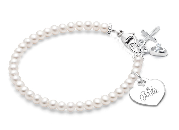 3mm Cultured Pearls, Christening/Baptism Baby/Children’s Beaded Bracelet for Girls (INCLUDES Engraved Charm) – Sterling Silver