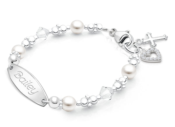 Diamond Cross, Christening/Baptism Baby/Children’s Engraved Bracelet for Girls – Sterling Silver