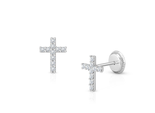Miraculous Cross, Clear CZ Christening/Baptism Baby/Children’s Earrings, Screw Back – 14K White Gold